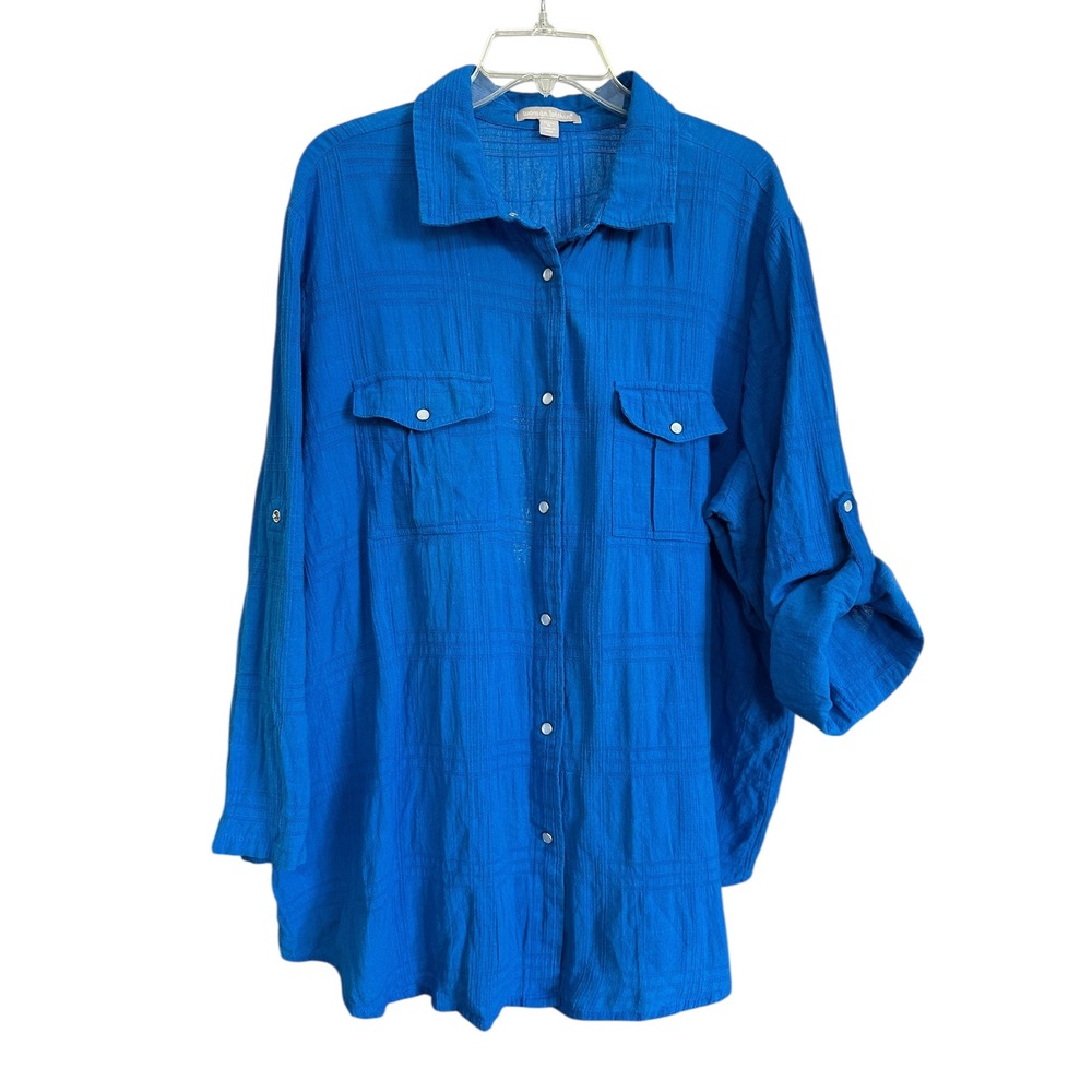 Woman Within Cobalt Blue Plaid Gauzy Roll Sleeve Snap Front Shirt Blouse 1X